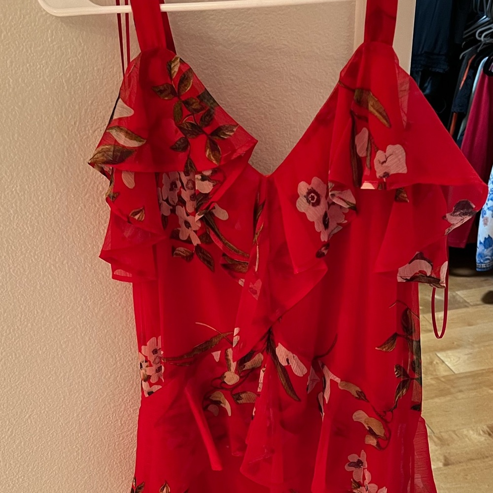 Red sleeveless floral dress